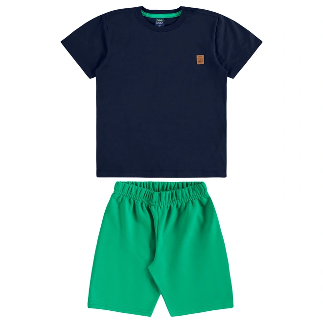 Conjunto Camisa Meia Manga em Malha e Bermuda em Moletom - Azul/Verde