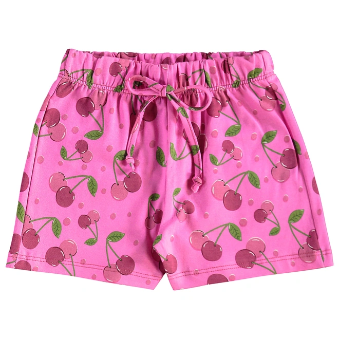 Conjunto Blusa Meia Manga em Malha e Short em Cotton Estampa Cherry - Lilás Neon