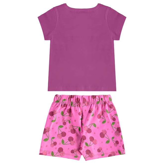 Conjunto Blusa Meia Manga em Malha e Short em Cotton Estampa Cherry - Lilás Neon