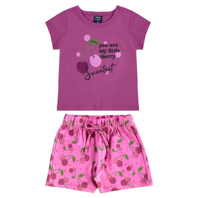 Conjunto Blusa Meia Manga em Malha e Short em Cotton Estampa Cherry - Lilás Neon