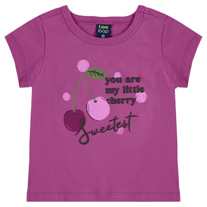 Conjunto Blusa Meia Manga em Malha e Short em Cotton Estampa Cherry - Lilás Neon