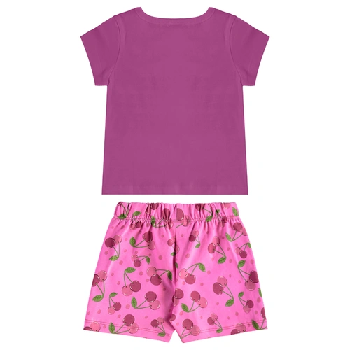 Conjunto Blusa Meia Manga em Malha e Short em Cotton Estampa Cherry - Lilás Neon
