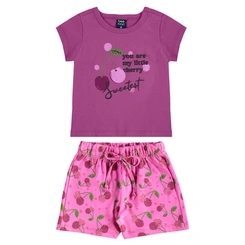Conjunto Blusa Meia Manga em Malha e Short em Cotton Estampa Cherry - Lilás Neon