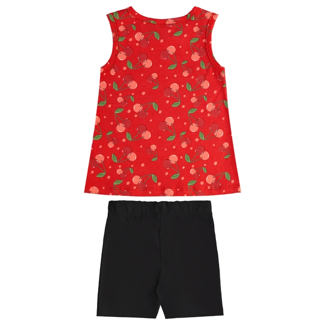 Conjunto Camiseta Regata em Malha e Bermuda Ciclista em Cotton Cherry - Vermelho/Preto