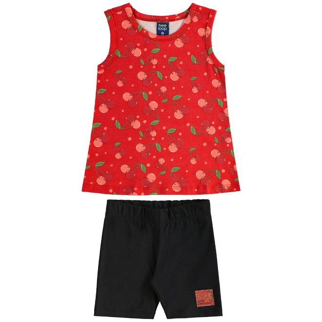 Conjunto Camiseta Regata em Malha e Bermuda Ciclista em Cotton Cherry - Vermelho/Preto