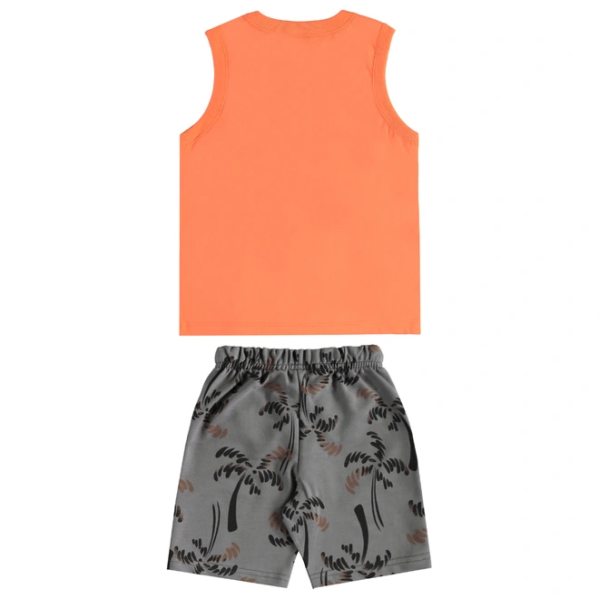Conjunto Camiseta Regata em Malha e Bermuda em Moletom Estampa Coqueiro - Tangerina
