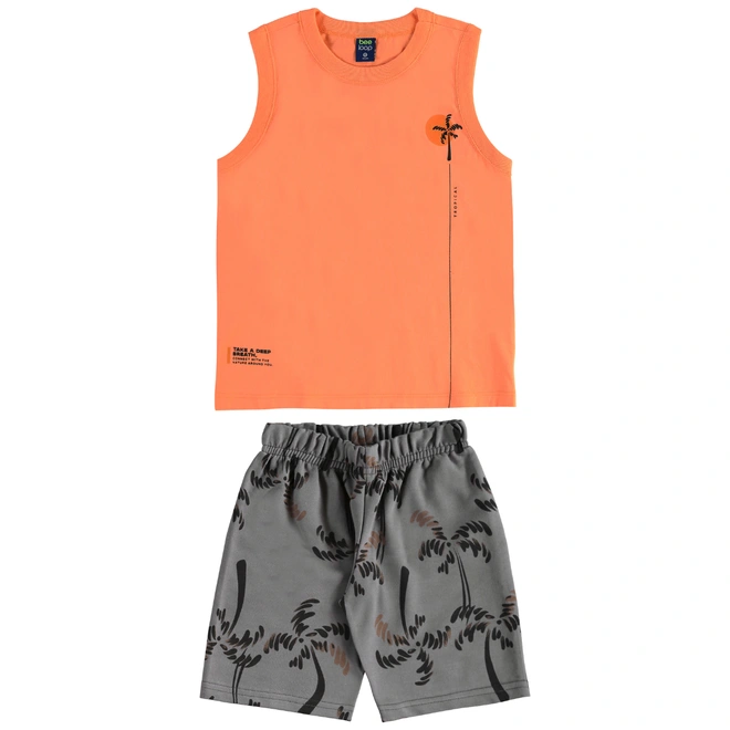 Conjunto Camiseta Regata em Malha e Bermuda em Moletom Estampa Coqueiro - Tangerina