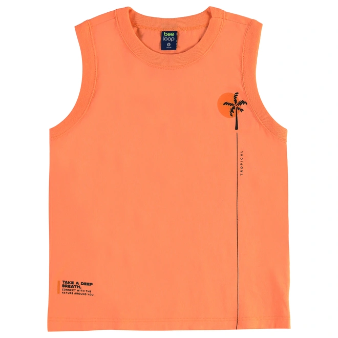 Conjunto Camiseta Regata em Malha e Bermuda em Moletom Estampa Coqueiro - Tangerina