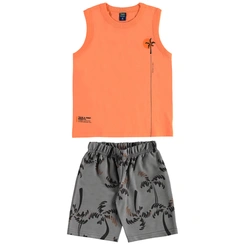 Conjunto Camiseta Regata em Malha e Bermuda em Moletom Estampa Coqueiro - Tangerina