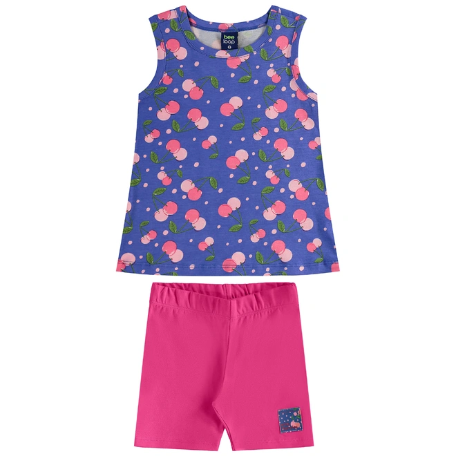 Conjunto Camiseta Regata em Malha e Bermuda Ciclista em Cotton Cherry - Azul/Rosa