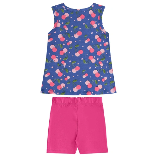 Conjunto Camiseta Regata em Malha e Bermuda Ciclista em Cotton Cherry - Azul/Rosa