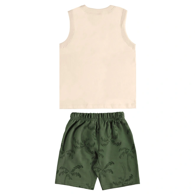 Conjunto Camiseta Regata em Malha e Bermuda em Moletom Estampa Coqueiro - Bege