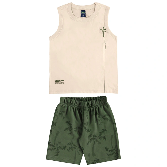 Conjunto Camiseta Regata em Malha e Bermuda em Moletom Estampa Coqueiro - Bege