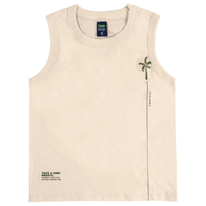 Conjunto Camiseta Regata em Malha e Bermuda em Moletom Estampa Coqueiro - Bege