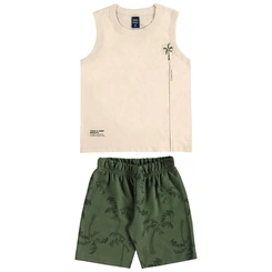 Conjunto Camiseta Regata em Malha e Bermuda em Moletom Estampa Coqueiro - Bege