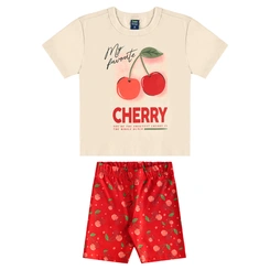 Conjunto Blusa Meia Manga e Bermuda em Cotton Cherry - Bege