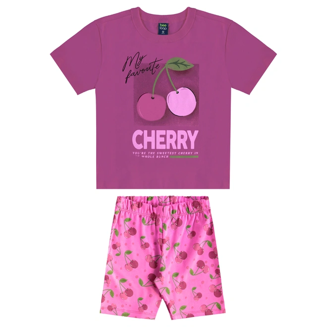 Conjunto Blusa Meia Manga e Bermuda em Cotton Cherry - Lilás Neon