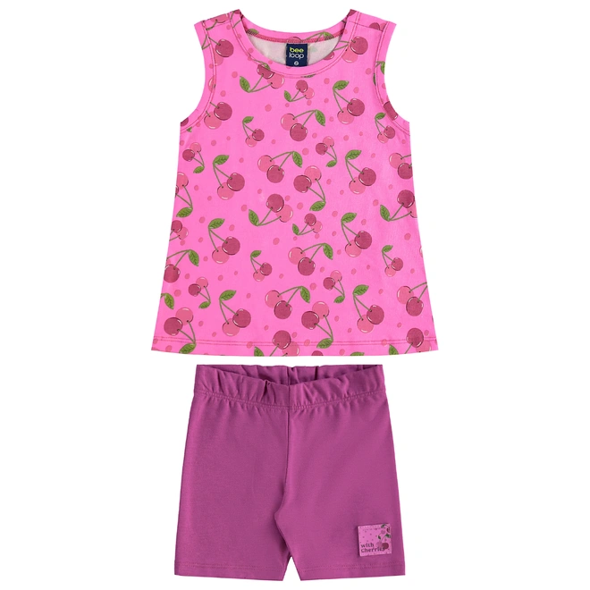 Conjunto Camiseta Regata em Malha e Bermuda Ciclista em Cotton Cherry - Lilás Neon