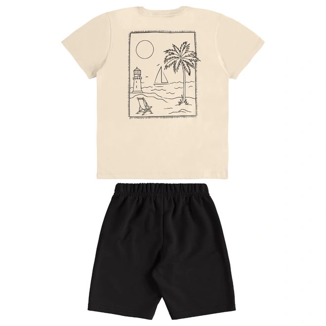 Conjunto Camisa Meia Manga em Malha e Bermuda em Moletom - Bege