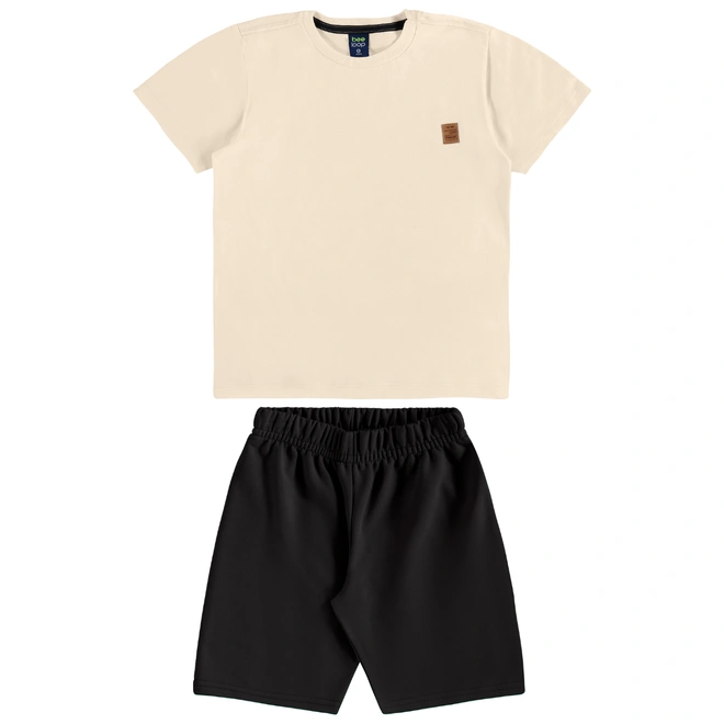 Conjunto Camisa Meia Manga em Malha e Bermuda em Moletom - Bege