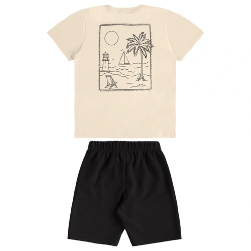 Conjunto Camisa Meia Manga em Malha e Bermuda em Moletom - Bege