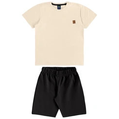 Conjunto Camisa Meia Manga em Malha e Bermuda em Moletom - Bege