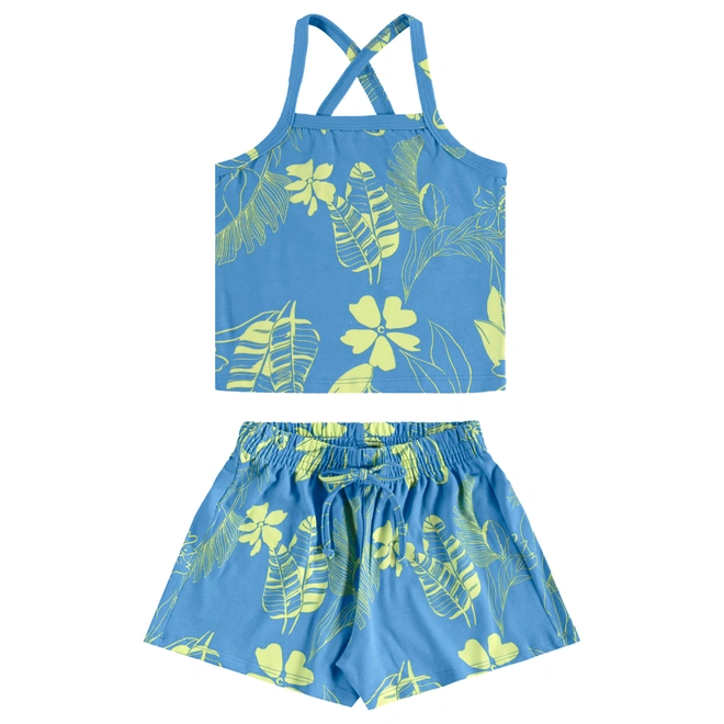 Conjunto Blusa e Short em Cotton Floral - Azul