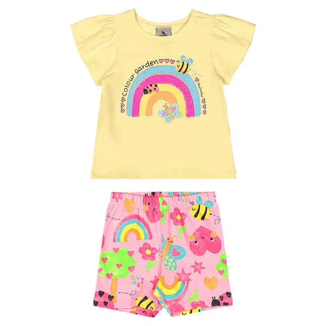 Conjunto Blusa Manga Curta e Bermuda em Cotton Arco-Iris - Baunilha