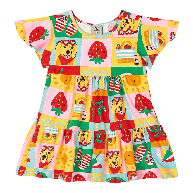 Vestido Manga Curta em Cotton Estampa Abstrata - Vermelho