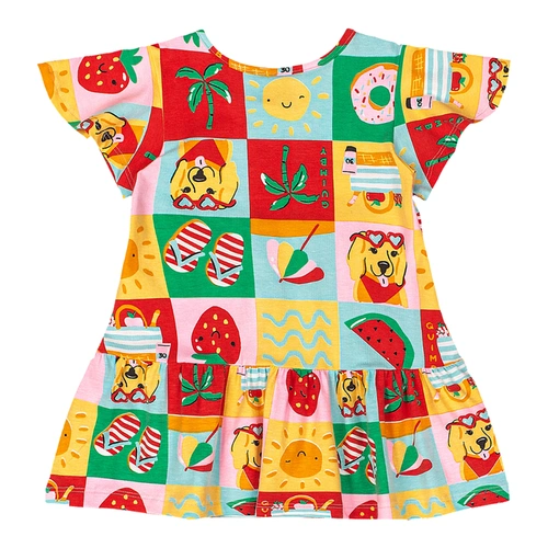 Vestido Manga Curta em Cotton Estampa Abstrata - Vermelho