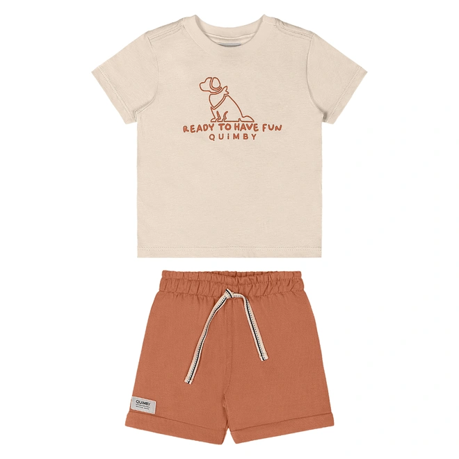 Conjunto Camisa meia Manga em Malha e Bermuda em Moletom sem Felpa - Bege