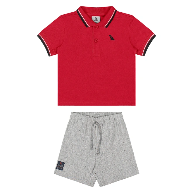 Conjunto Camisa Polo Piquet e Bermuda em Sarja - Vermelho