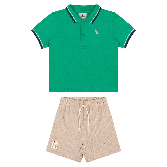 Conjunto Camisa Polo Piquet e Bermuda em Sarja - Verde