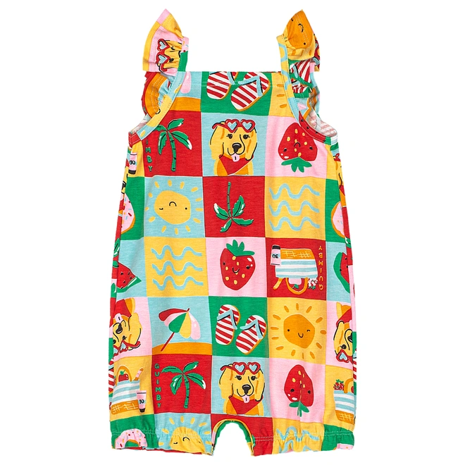 Macaquinho Manga Curta em Cotton Estampa Abstrata - Vermelho