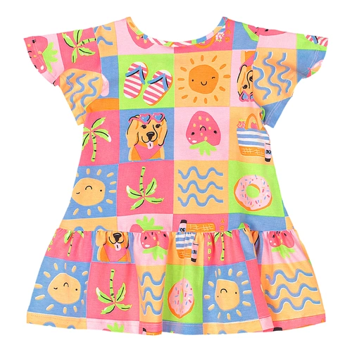 Vestido Manga Curta em Cotton Estampa Abstrata - Rosa