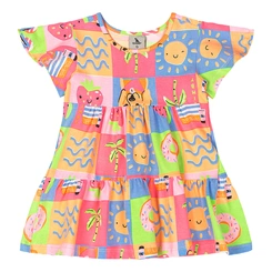 Vestido Manga Curta em Cotton Estampa Abstrata - Rosa