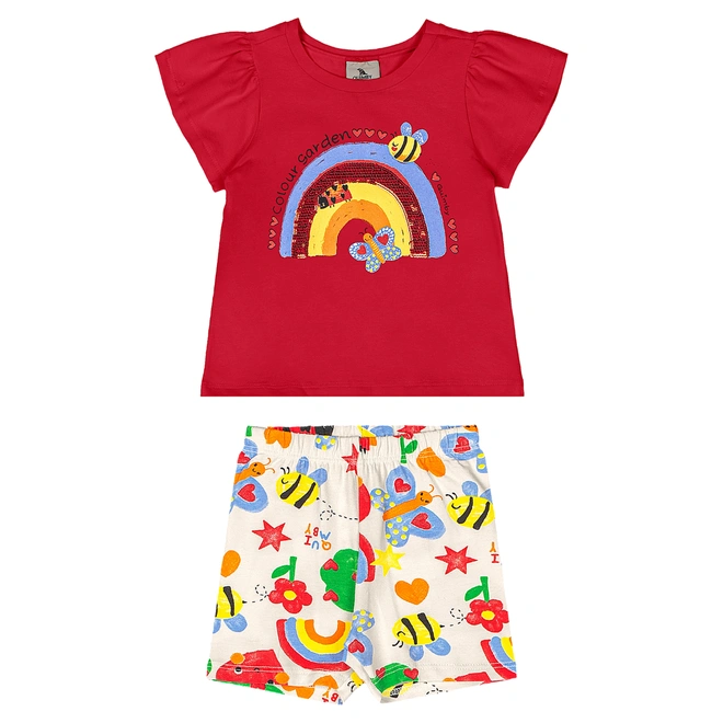Conjunto Blusa Manga Curta e Bermuda em Cotton Arco-Iris - Vermelho