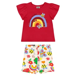Conjunto Blusa Manga Curta e Bermuda em Cotton Arco-Iris - Vermelho