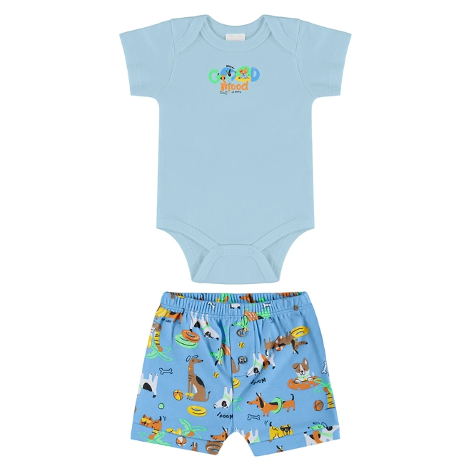 Conjunto Body e Short em Suedine Estampa Bichinhos - Azul Delicado