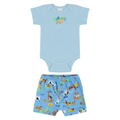 Conjunto Body e Short em Suedine Estampa Bichinhos - Azul Delicado
