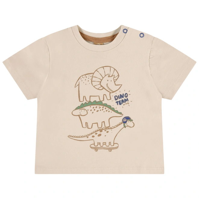 Conjunto Camisa Meia Manga em malha e Bermuda em Moletom Dinossauro - Bege