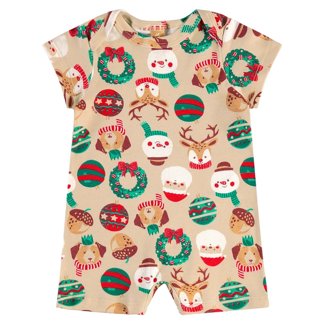 Macaquinho Manga Curta em Suedine Estampa Natalina - Bege