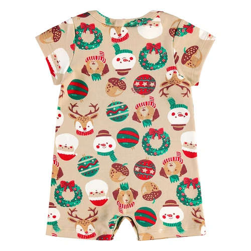 Macaquinho Manga Curta em Suedine Estampa Natalina - Bege