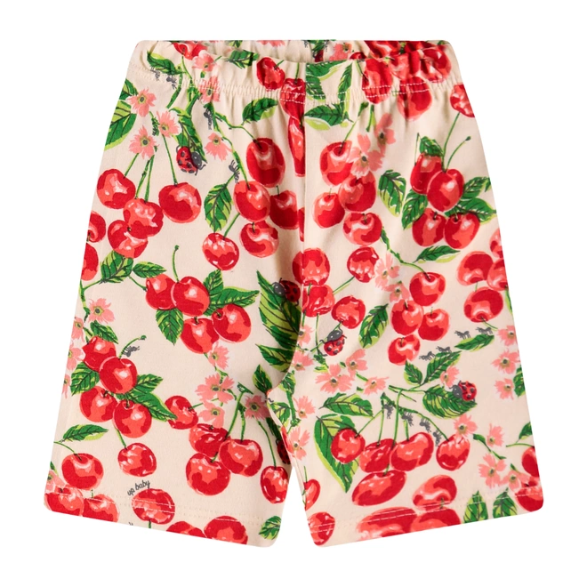 Conjunto Blusa em Meia Malha e Bermuda em Cotton Estampa Cereja - Natural