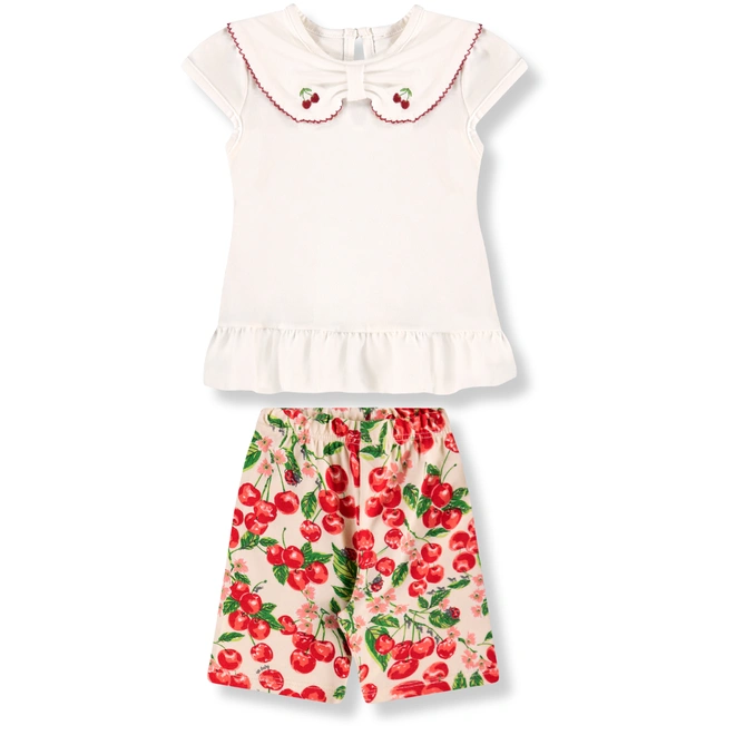 Conjunto Blusa em Meia Malha e Bermuda em Cotton Estampa Cereja - Natural