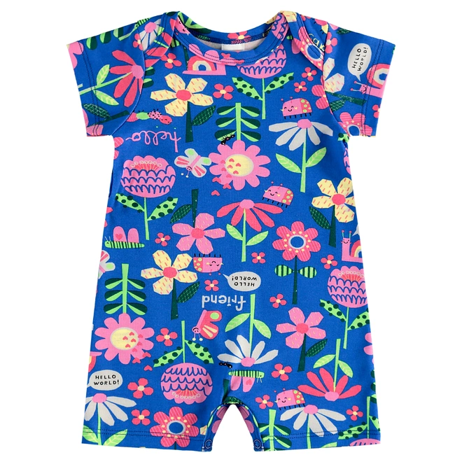 Macaquinho Manga Curta em Suedine Floral - Azul