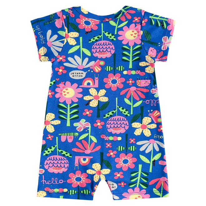 Macaquinho Manga Curta em Suedine Floral - Azul