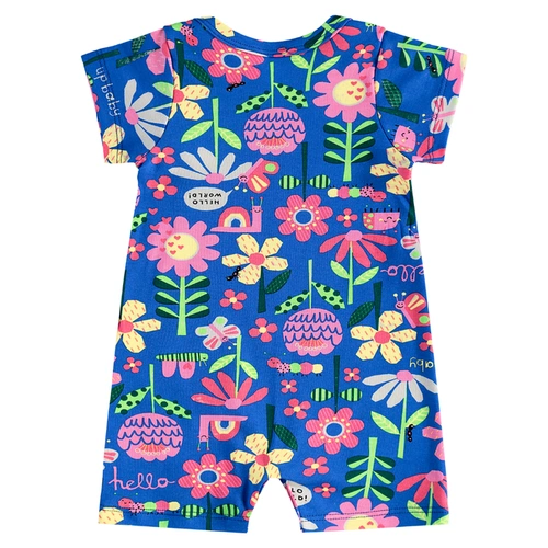 Macaquinho Manga Curta em Suedine Floral - Azul