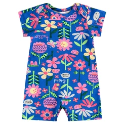 Macaquinho Manga Curta em Suedine Floral - Azul