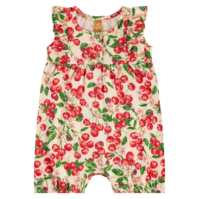 Macaquinho Manga Curta em Cotton Estampa Cereja - Natural